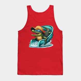 An alligator with a giant swim cap and goggles riding a waterslide Tank Top